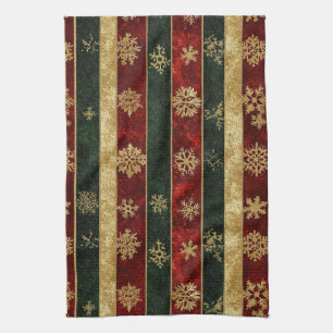 Glitter Gold Snowflakes on Red & Green Striped (2) Tea Towel