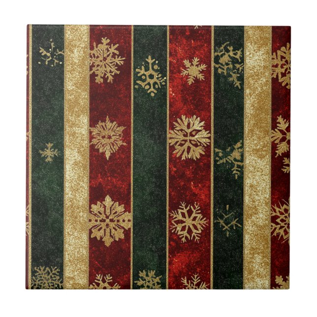 Glitter Gold Snowflakes on Red & Green Striped (2) Tile (Front)