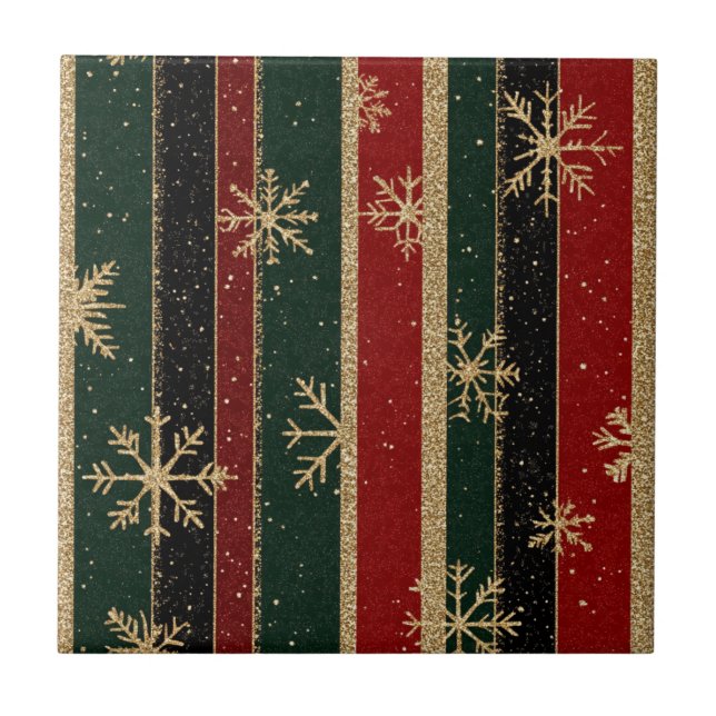 Glitter Gold Snowflakes on Red & Green Striped (3) Tile (Front)