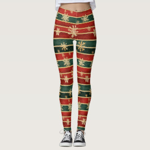 Glitter Gold Snowflakes on Red & Green Striped Leggings