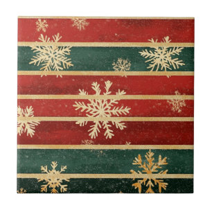 Glitter Gold Snowflakes on Red & Green Striped Tile