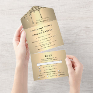 Glitter Gold Sparkle RSVP Elegant Modern Wedding All In One Invitation
