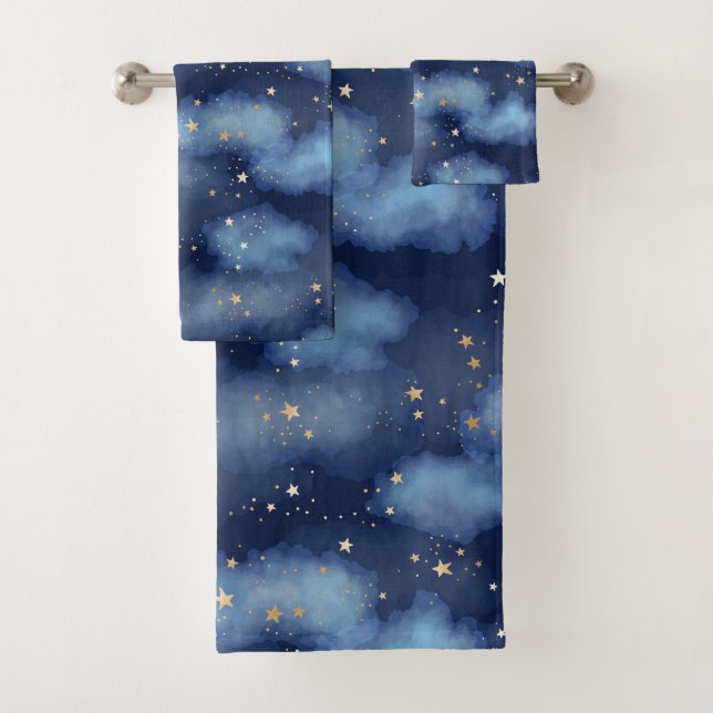 Glitter Gold Stars Dark Blue Sky Pattern Bath Towel Set (Insitu)