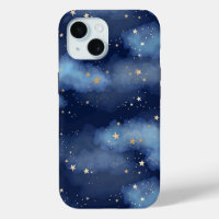 Glitter Gold Stars Dark Blue Sky Pattern