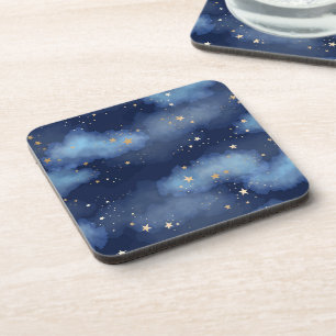 Glitter Gold Stars Dark Blue Sky Pattern Coaster