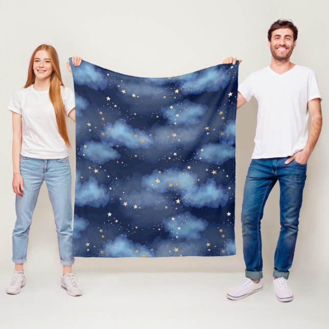 Glitter Gold Stars Dark Blue Sky Pattern Fleece Blanket (In Situ)