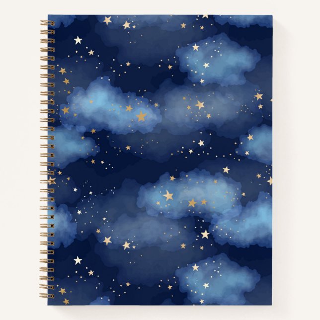 Glitter Gold Stars Dark Blue Sky Pattern Notebook (Front)