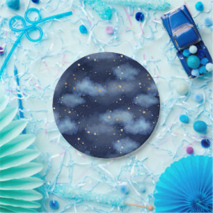 Glitter Gold Stars Dark Blue Sky Pattern Paper Plate