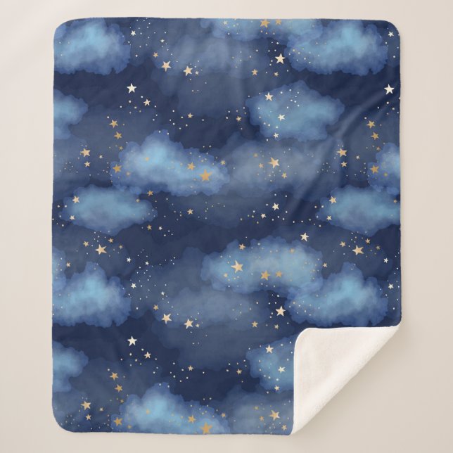 Glitter Gold Stars Dark Blue Sky Pattern Sherpa Blanket (Front)