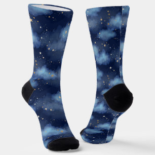 Glitter Gold Stars Dark Blue Sky Pattern Socks