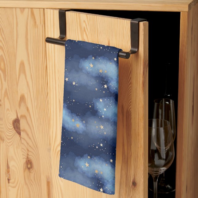 Glitter Gold Stars Dark Blue Sky Pattern Tea Towel (Thirds Fold)
