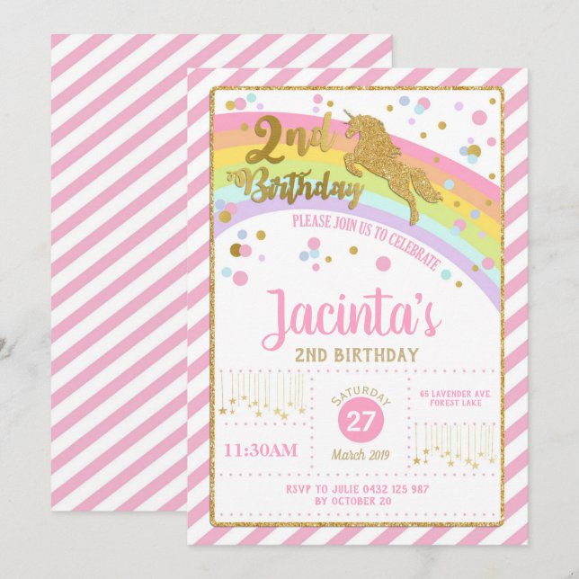 Glitter Gold Unicorn 2nd Birthday Invitation Girl (Front/Back)