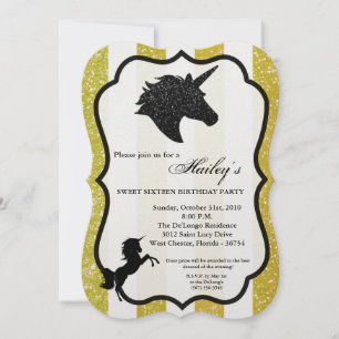 Glitter Gold Unicorn Sweet 16 Birthday Invite