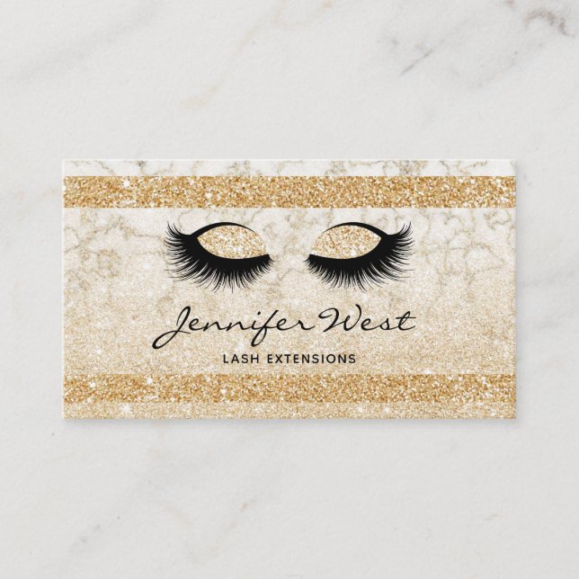 Glitter Gold white marble makeup artist eyelashes Business Card (Front)