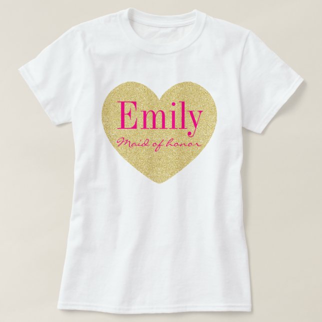 Glitter Golden Heart Personalised Maid of honour T-Shirt (Design Front)