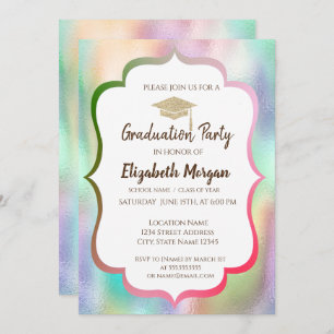 Glitter Grad Cap Colourful Holographic Graduation Invitation