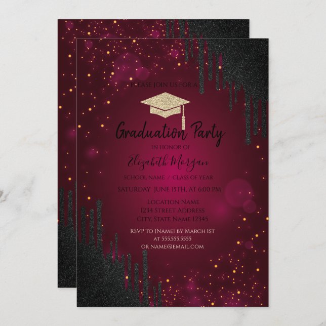 Glitter Grad Cap,Confetti Black Drips Red   Invitation (Front/Back)