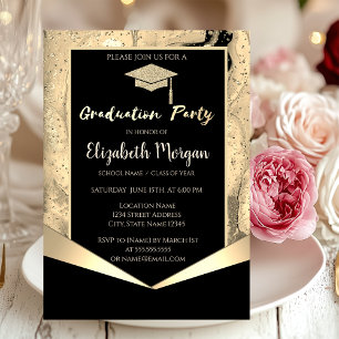 Glitter Grad Cap,Confetti Gold Marble Graduation  Invitation