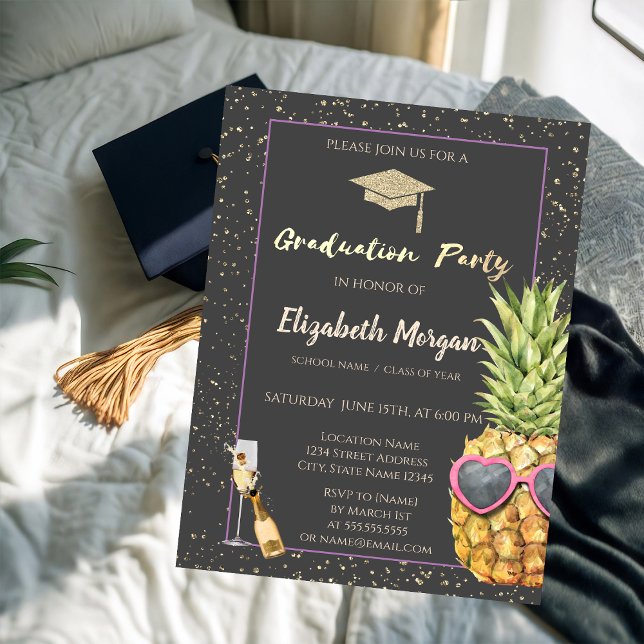 Glitter Grad Cap,Confetti,Wine,Cool Pineapple  Invitation (Creator Uploaded)