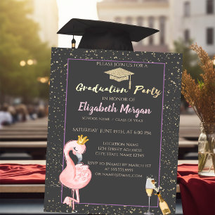 Glitter Grad Cap,Confetti,Wine,Flamingo Crown Invitation