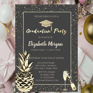 Glitter Grad Cap,Confetti,Wine,Metallic Pineapple Invitation