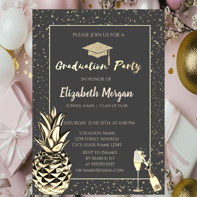 Glitter Grad Cap,Confetti,Wine,Metallic Pineapple  Invitation (Creator Uploaded)