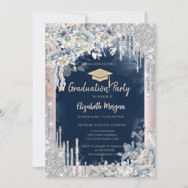 Glitter Grad Cap,Drips,Flowers,Navy Blue Invitation (Front)