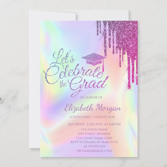 Glitter Grad Cap,Drips Holographic Graduation Invitation (Front)