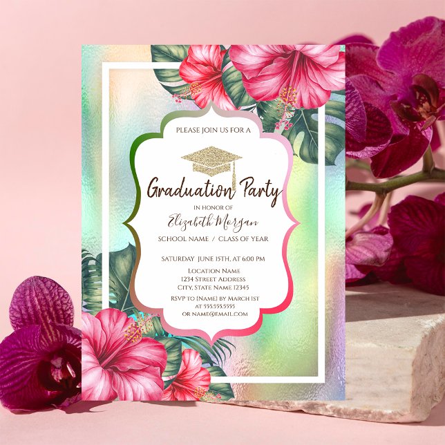 Glitter Grad Cap Hibiscus Holographic Graduation Invitation (Creator Uploaded)