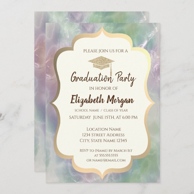 Glitter Grad Cap Holographic Pearl Graduation  Invitation (Front/Back)
