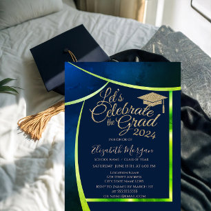Glitter Grad Cap Navy Blue Green Frame Graduation Invitation