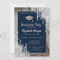 Glitter GradCap,Silver Drips,Marble Navy Blue