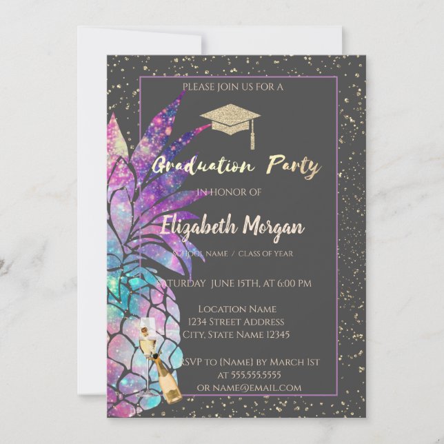 Glitter Graduation Cap,Confetti,Wine, Pineapple Invitation (Front)