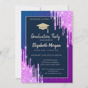 Glitter Graduation Cap,Drips Geometric Graduation Invitation