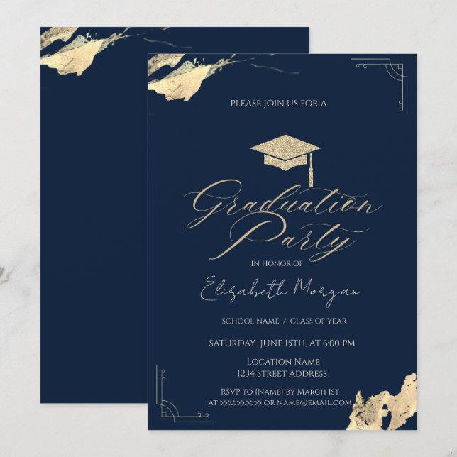 Glitter Graduation Cap Gold Navy Blue Invitation (Front/Back)