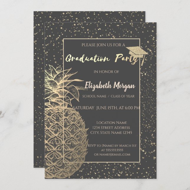 Glitter Graduation Cap,GoldPineapple,Confetti Grad Invitation (Front/Back)