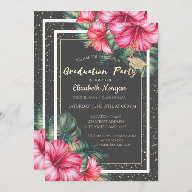 Glitter Graduation Cap,Hibiscus,Confetti Grad Invitation (Front/Back)