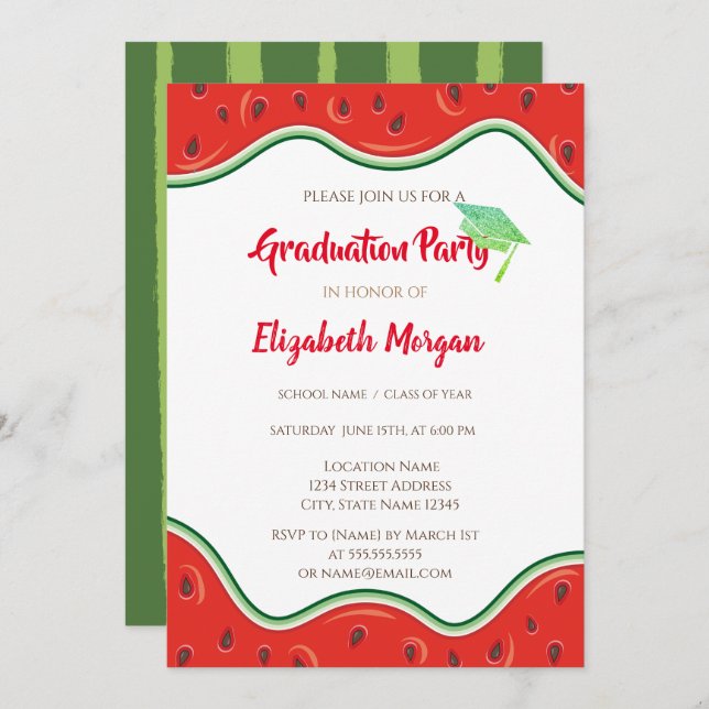 Glitter Graduation Cap,Watermelon Graduation Invitation (Front/Back)