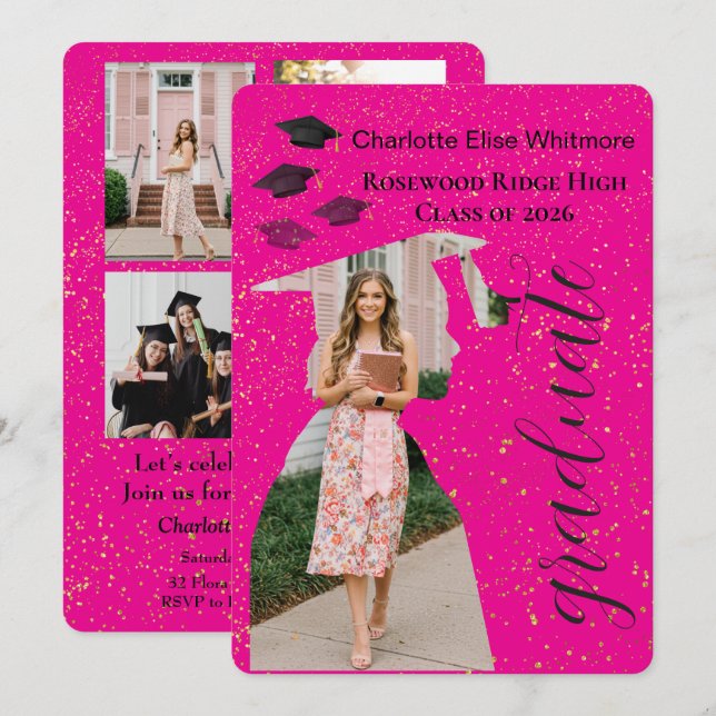 Glitter Graduation Invitation Card with Photos  (Front/Back)