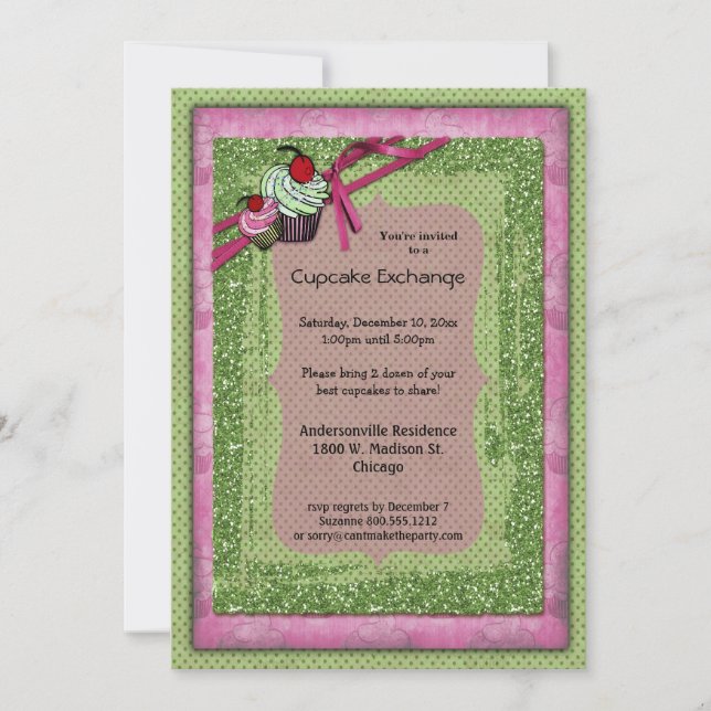 Glitter Green And Pink Cupcake Exchange Invitation (Front)