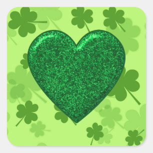 Glitter Green Heart and Shamrock Square Stickers