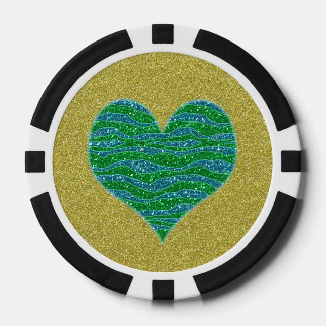 Glitter Green Heart on Gold Glitter Background Poker Chips (Front)