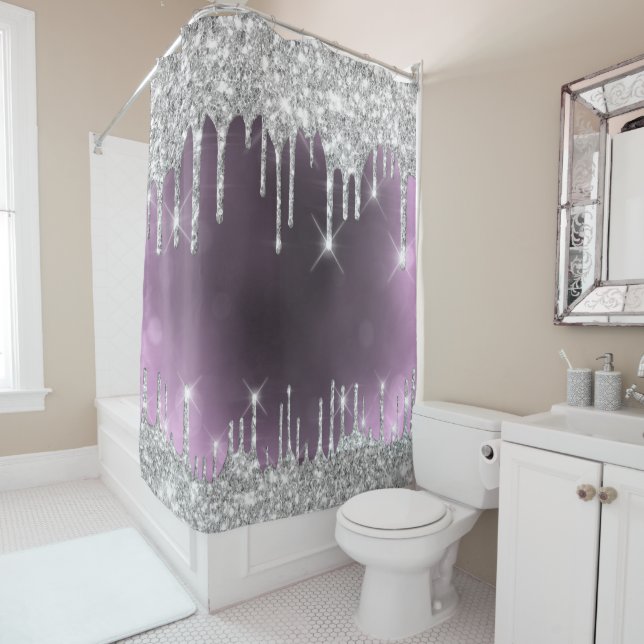 Glitter Grey Grey Spark Drips Pink Elegant Shower Curtain (In Situ)