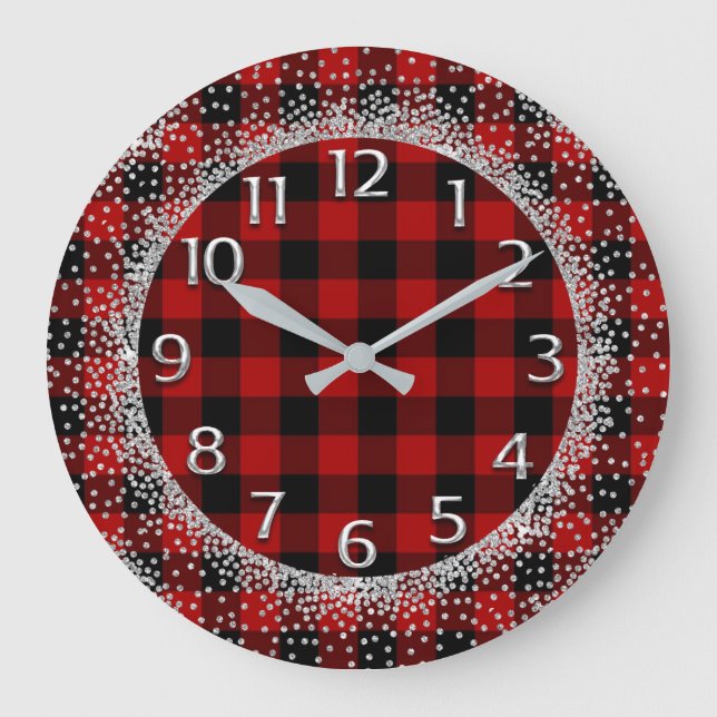 Glitter Grey Numbers Buffalo Lumberjack Red Black Large Clock (Front)