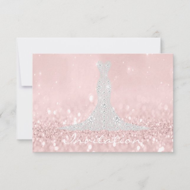 Glitter Grey Pink Diamond Crystals Bridal Dress Invitation (Front)