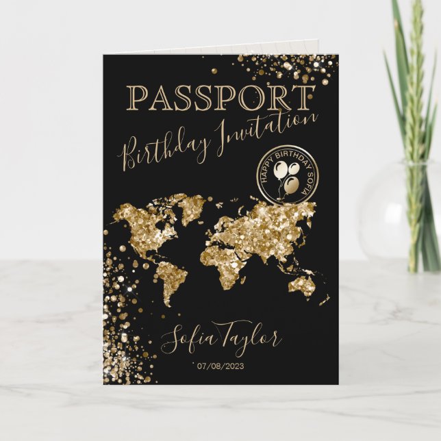 Glitter Happy Birthday Passport Map Any Age Invitation (Front)