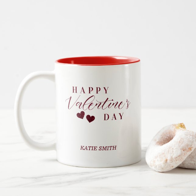 Glitter Happy Valentine's Day Hearts Two-Tone Coffee Mug (With Donut)