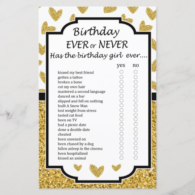 Glitter heart Birthday ever or never game (Front)