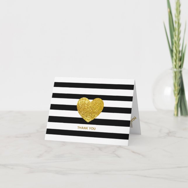 Glitter Heart Black Stripe Wedding Photo Thank You Card (Front)
