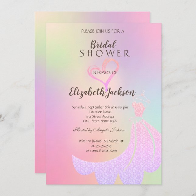 Glitter Heart,Dress Holographic  Bridal Shower Invitation (Front/Back)
